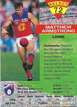 1994 Select AFL #72 Matthew Armstrong Back